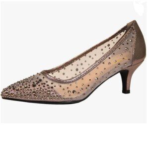 XYD Pewter Pointed Toe Slip On Graceful Mesh Pumps Rhinestone Studs Comfy Shoes